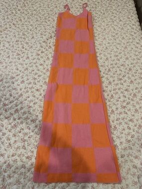 Pink and Orange Checkerboard Knit Maxi Dress